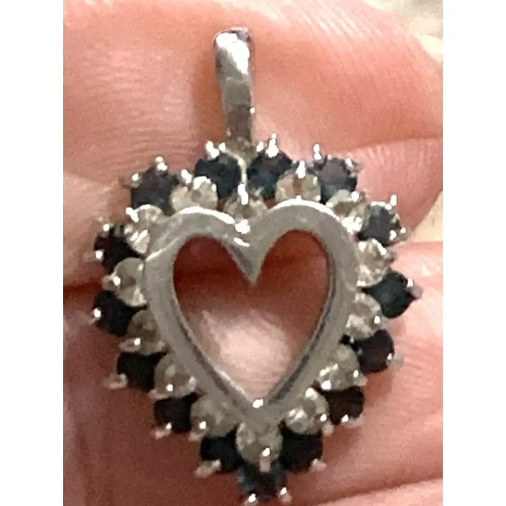 Vintage Silver Tone Heart Pendant Faux Sapphire CZ Accents Open Construction 17
